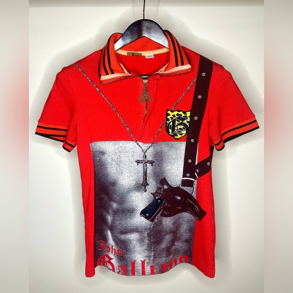John Galliano Other - John Galliano Cross Necklace, Pistol & Shirtless Printed Polo Small